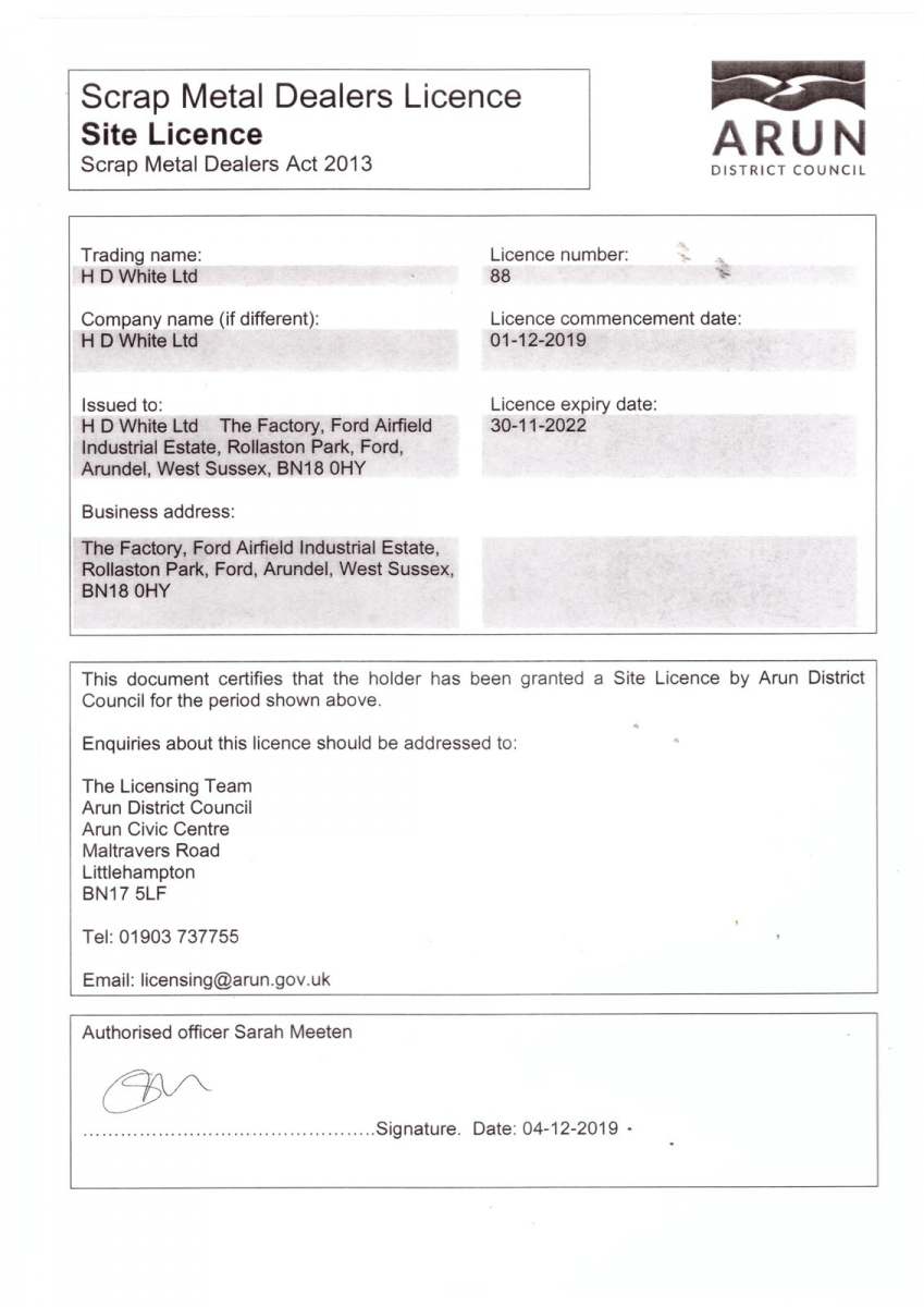 RESOURCES H.D. WHITE LTD SCRAP METAL MERCHANTS YAPTON BN18